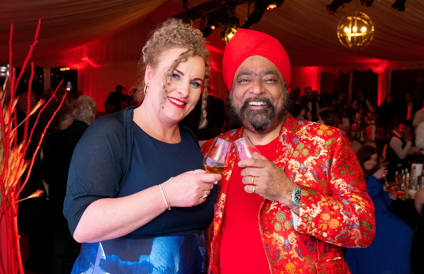 Vice Chair, Sarah Burgess and Celebrity Chef, Tony Singh. Spirit of Speyside Whisky Festival Opening Dinner 2024 held at The Macallan Distillery Estate. Picture: Beth Taylor