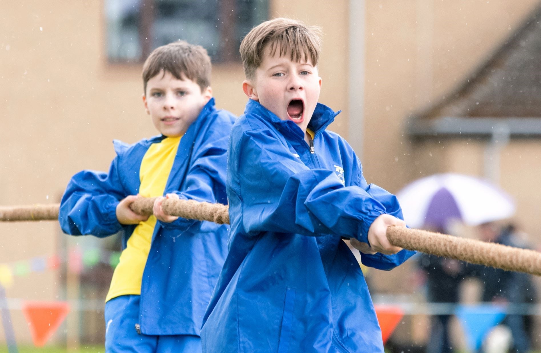 Xavier Thomas (left) and Daniel Hughes (right) from St Sylvesters' Primary School compete in the Tug O' War. Picture: Daniel Forsyth.