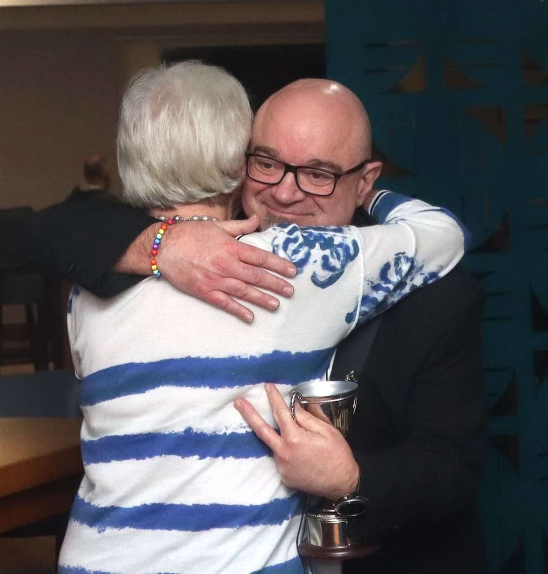 Stuart Evans, winner of the Most Improved Male Rider trophy, hugs Granny Mave