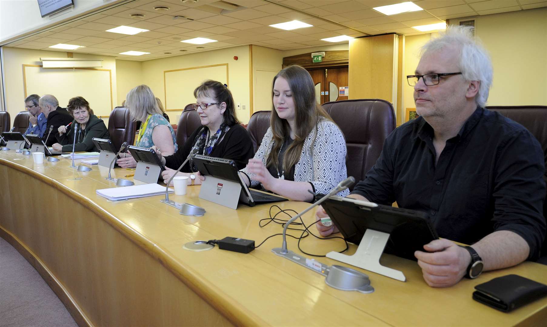 Councillors gather in Moray Council HQ to set council tax rates for the year ahead as part of budget talks. Picture: Eric Cormack.