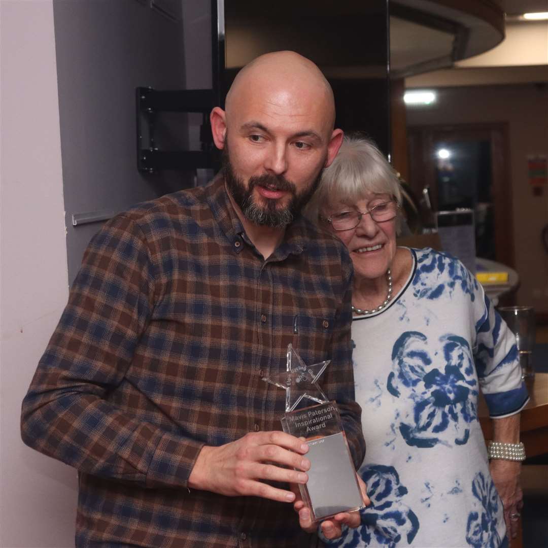 Stu Dick, winner for the first Mavis Paterson Inspirational Award, with Mavis after recieving his trophy