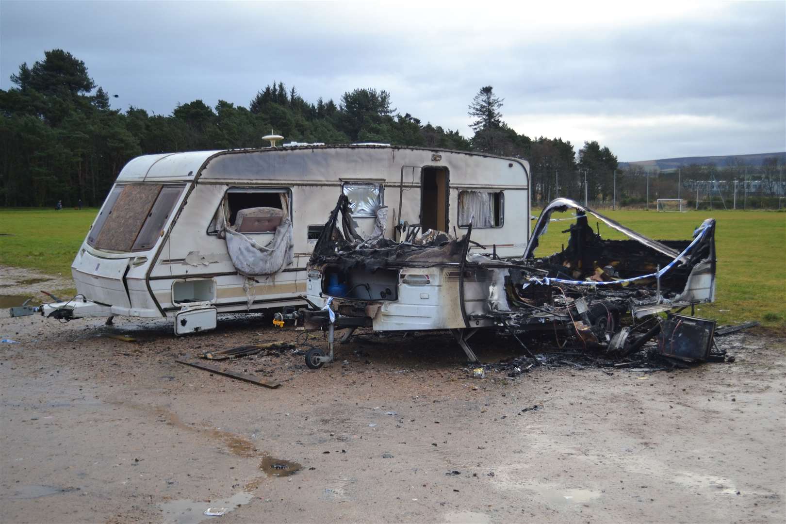 Two burned out caravans can be seen sitting at Thornhill Playing Fields in Elgin. Picture: Tyler McNeill